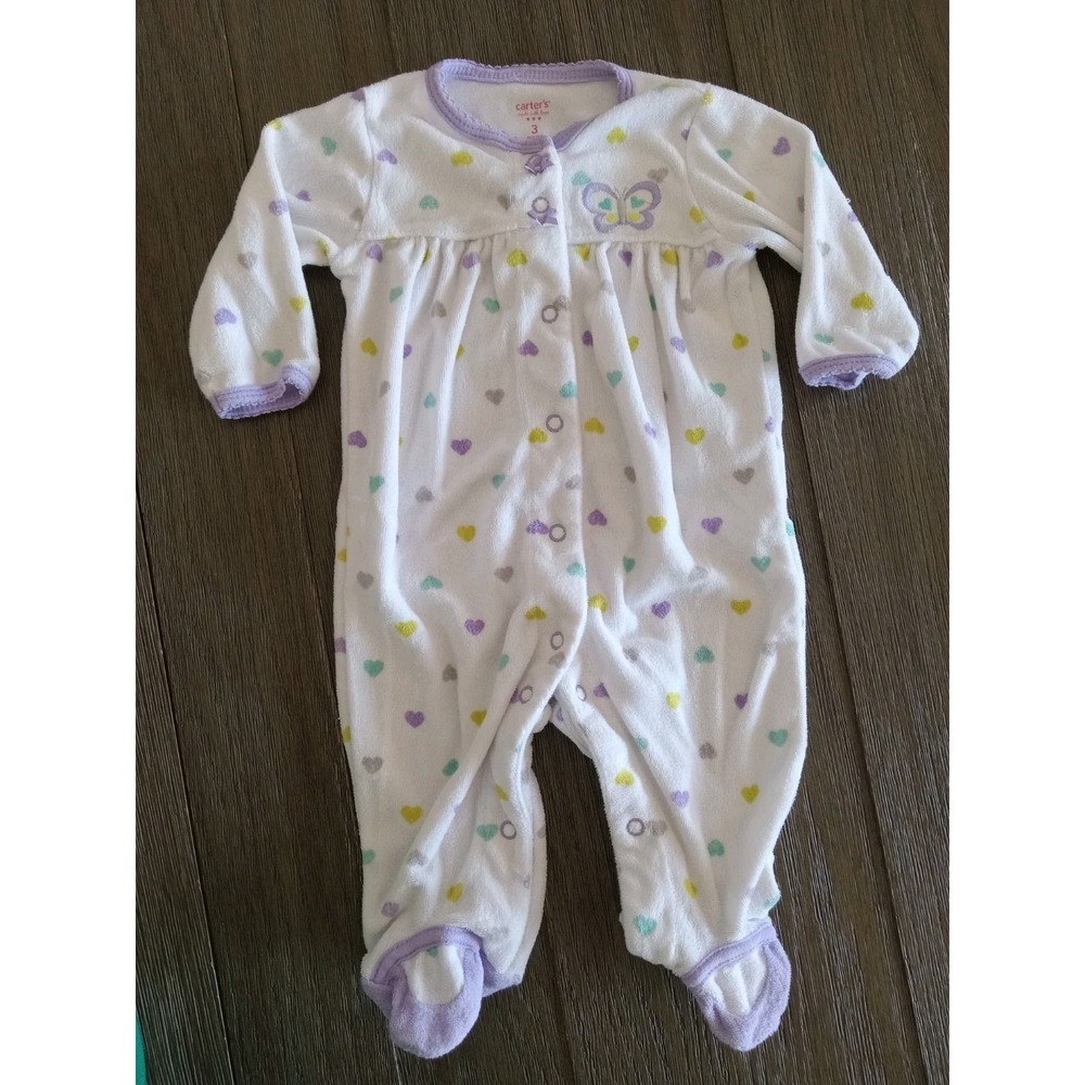 Carter's 3M Girls White Purple Butterfly Hearts Terry Footed Sleeper